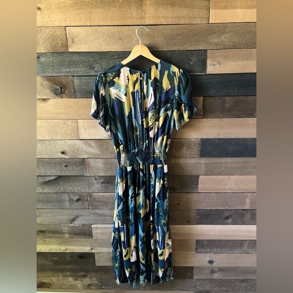 Evereve Abstract Print Elastic Waist Midi Dress Short Sleeve Size S Made in USA - Picture 8 of 10